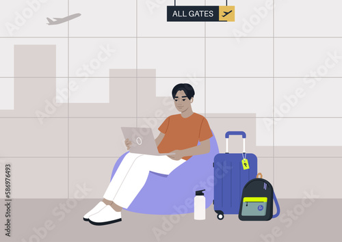 A young Asian character sits on a bean bag chair while typing on their laptop in the airport business lounge