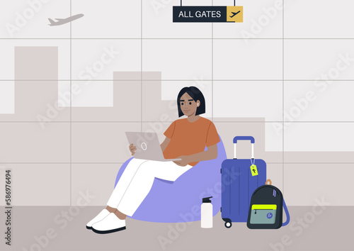 A young Hispanic character sits on a bean bag chair while typing on their laptop in the airport business lounge