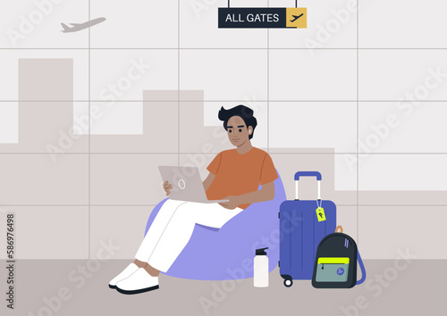 A young Hispanic character sits on a bean bag chair while typing on their laptop in the airport business lounge