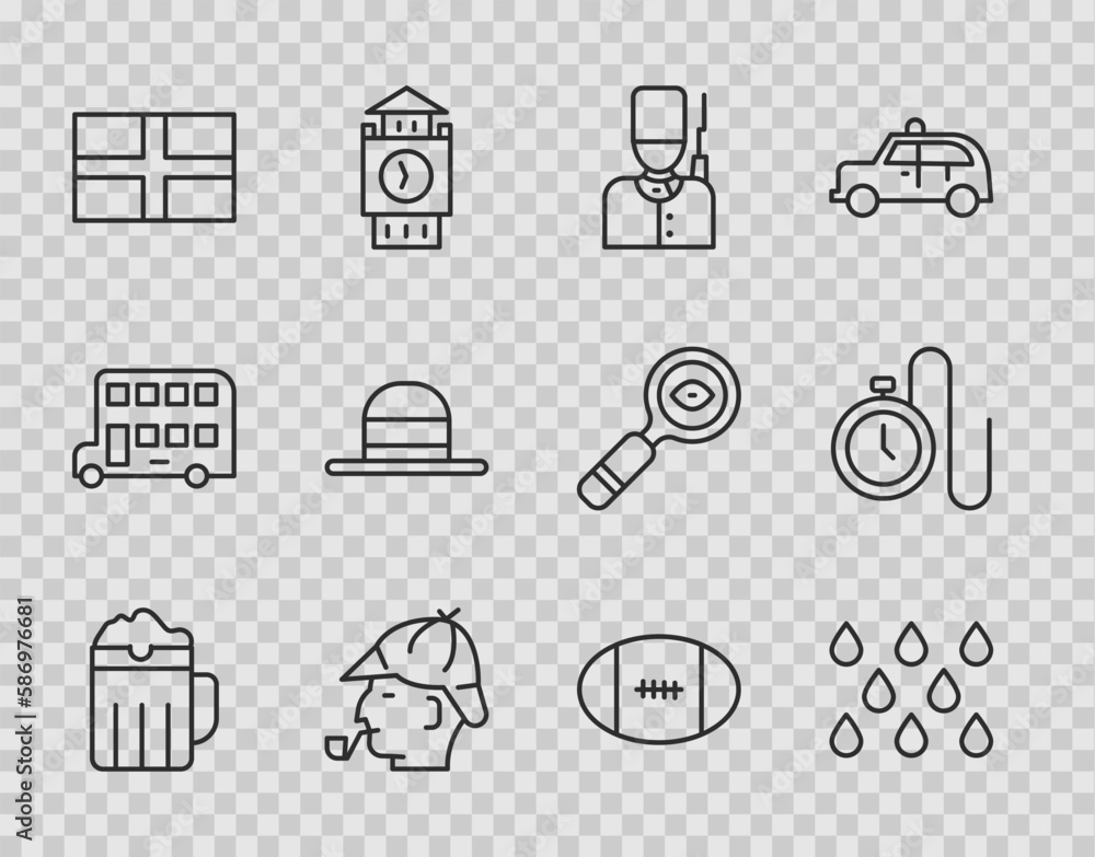 Set line Wooden beer mug, Water drop, British soldier, Sherlock Holmes, Flag of England, Elegant women hat, Rugby ball and Watch with chain icon. Vector Set line Wooden beer mug, Water drop, British soldier, Sherlock Holmes, Flag of England, Elegant women hat, Rugby ball and Watch with chain icon. Vector