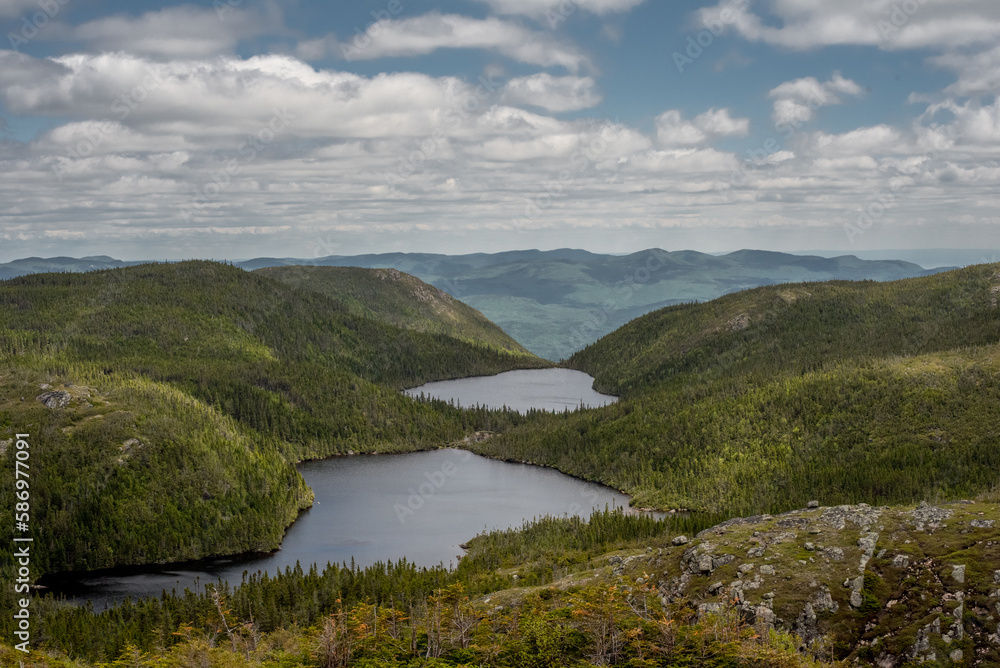 Landscape with lake and mountains, Acropole des Draveurs, Quebec, Canada, beautiful sky with clouds