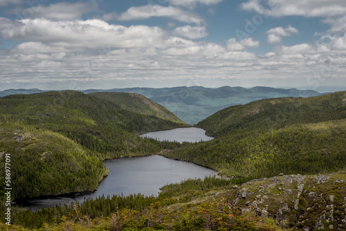 Landscape with lake and mountains, Acropole des Draveurs, Quebec, Canada, beautiful sky with clouds photo