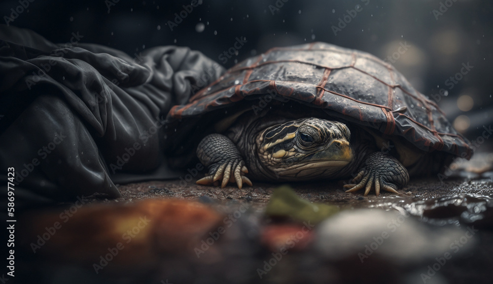 A turtle sleeps among the piles of plastic waste, concept of saving the world. Generative AI. A turtle sleeps among the piles of plastic waste, concept of saving the world. Generative AI.
