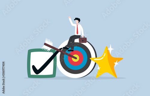 Professional at work, excellent employee, business guru or expert concept, Businessman celebrating job completion with perfect feedback following expected target.