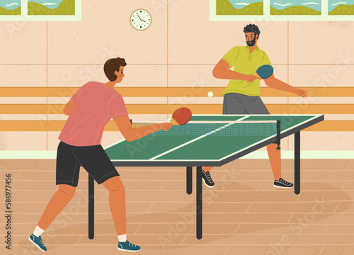 Two man playing ping pong game. Table tennis sport vector illustration. Indoor court for table tennis match