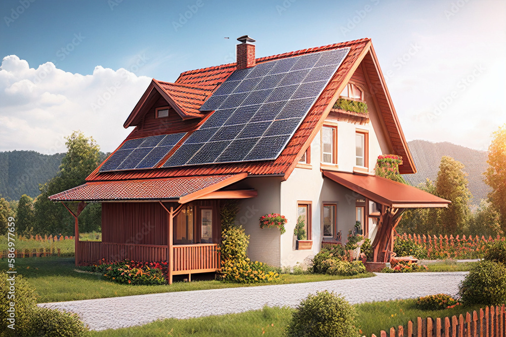 House with solar panels on roof. Alternative energy source. 3d rendering generative ai
