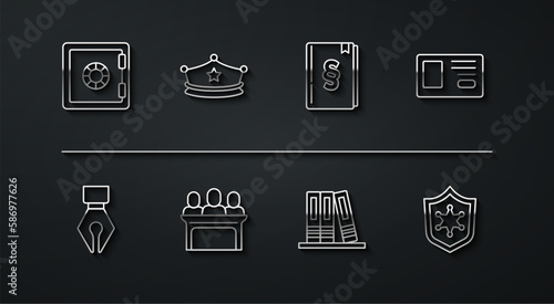 Set line Safe, Fountain pen nib, Identification badge, Office folders, Jurors, Police cap with cockade, and Law book icon. Vector