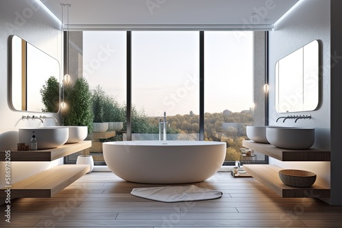 White bathtub  double sinks  and a bathroom nook with a wooden floor. a window with a view. a mockup. Generative AI