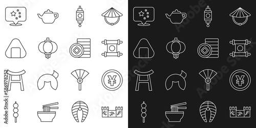 Set line Great wall of China, Chinese Yuan currency, Decree, paper, parchment, scroll, lantern, Sushi, flag and icon. Vector