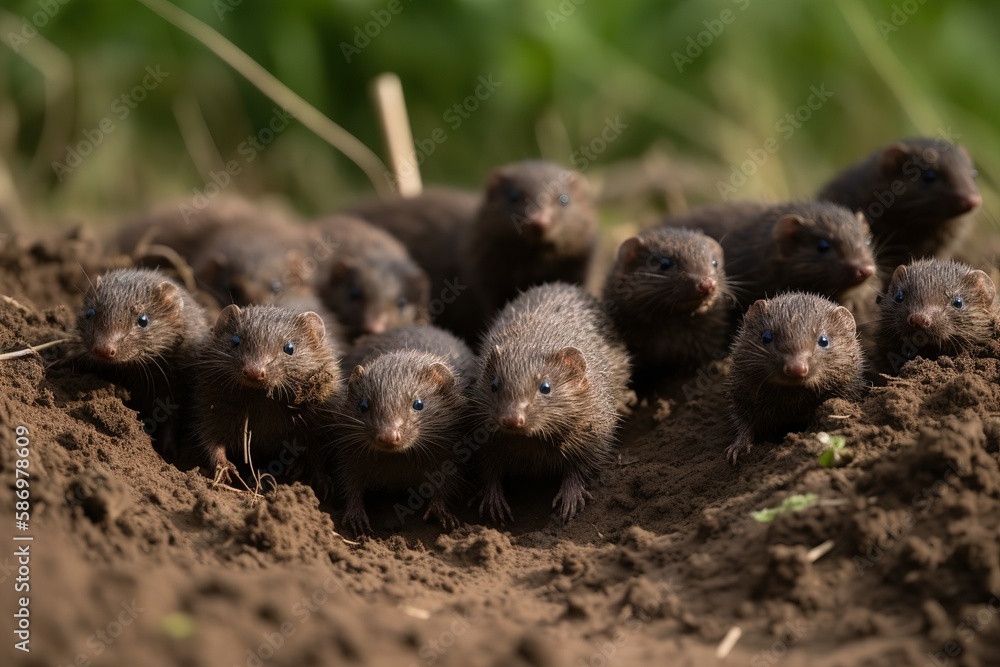 Fototapeta premium Rodents, mice in the garden that spoil the harvest close-up. AI generated