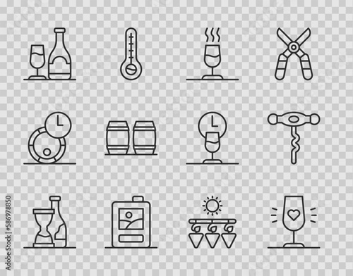Set line Bottle of wine, Wine glass, tasting, degustation, Cardboard box, bottle with, Wooden barrel for, Drying grapes and corkscrew icon. Vector