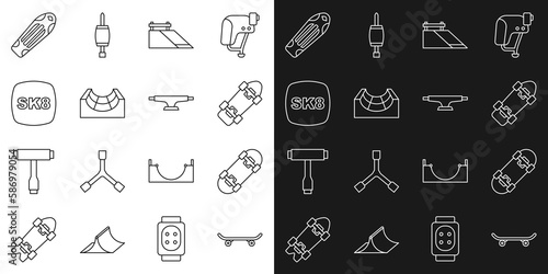 Set line Skateboard, park, deck and wheel icon. Vector