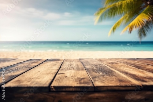 Wooden table on the tropical beach, created with generative AI