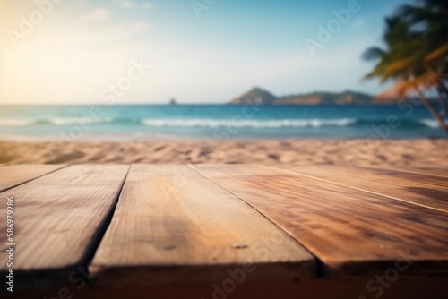 Wooden table on the tropical beach, created with generative AI