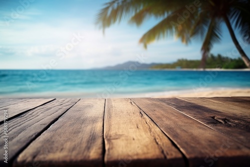 Wooden table on the tropical beach, created with generative AI © MiraCle72