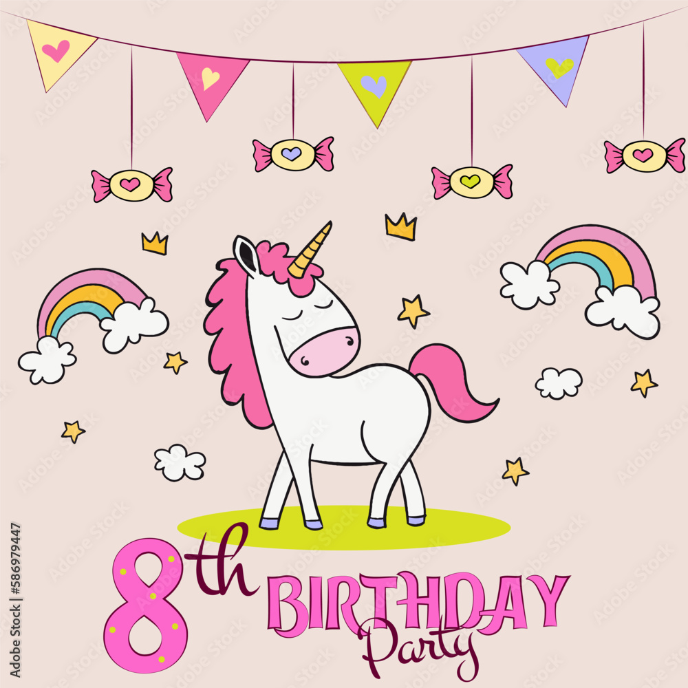 happy birthday card with horse, birthday card with horse, birthday party invitation with baby unicorn, hand drawn unicorn poster design, 8th birthday