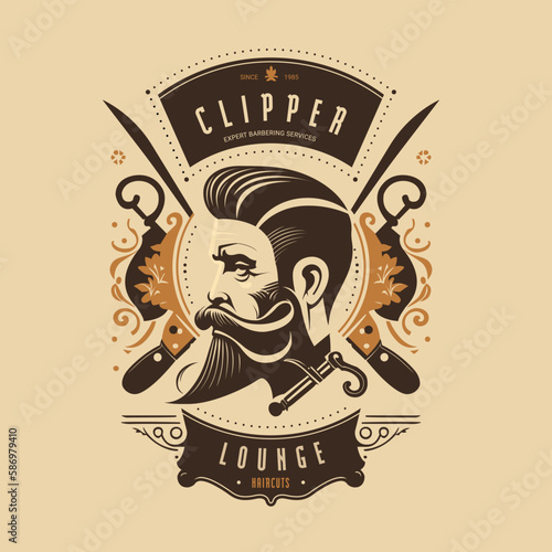 Vintage barbershop logo vector with stylized man profile, crossed scissors and ornate scrollwork, masculine grooming brand identity in brown and beige, expert haircuts emblem.