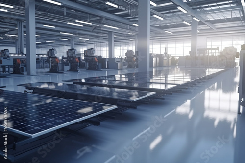 The efficient solar panel factory uses state-of-the-art technology to produce renewable energy equipment. Generative Ai
