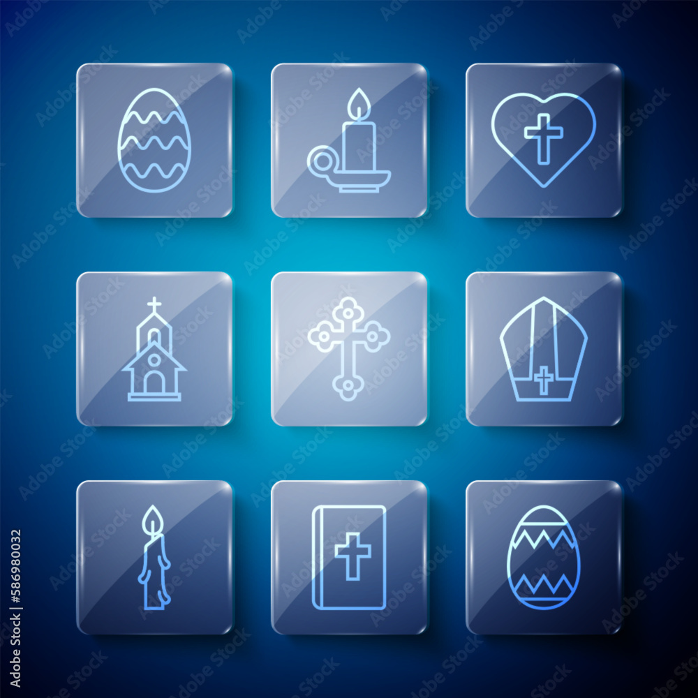 Set line Burning candle, Holy bible book, Easter egg, Christian cross heart, Church building, and Pope hat icon. Vector Set line Burning candle, Holy bible book, Easter egg, Christian cross heart, Church building, and Pope hat icon. Vector