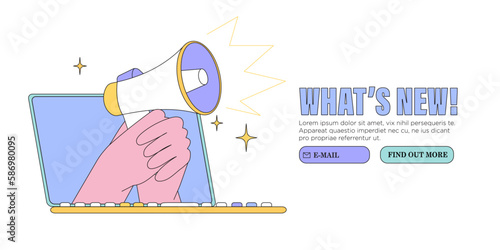 Hand hold megaphone or loudspeaker announce important message vector illustration. Concept of news, sales or discounts and new releases. Creative web or social media banner, ui, website advertisement.