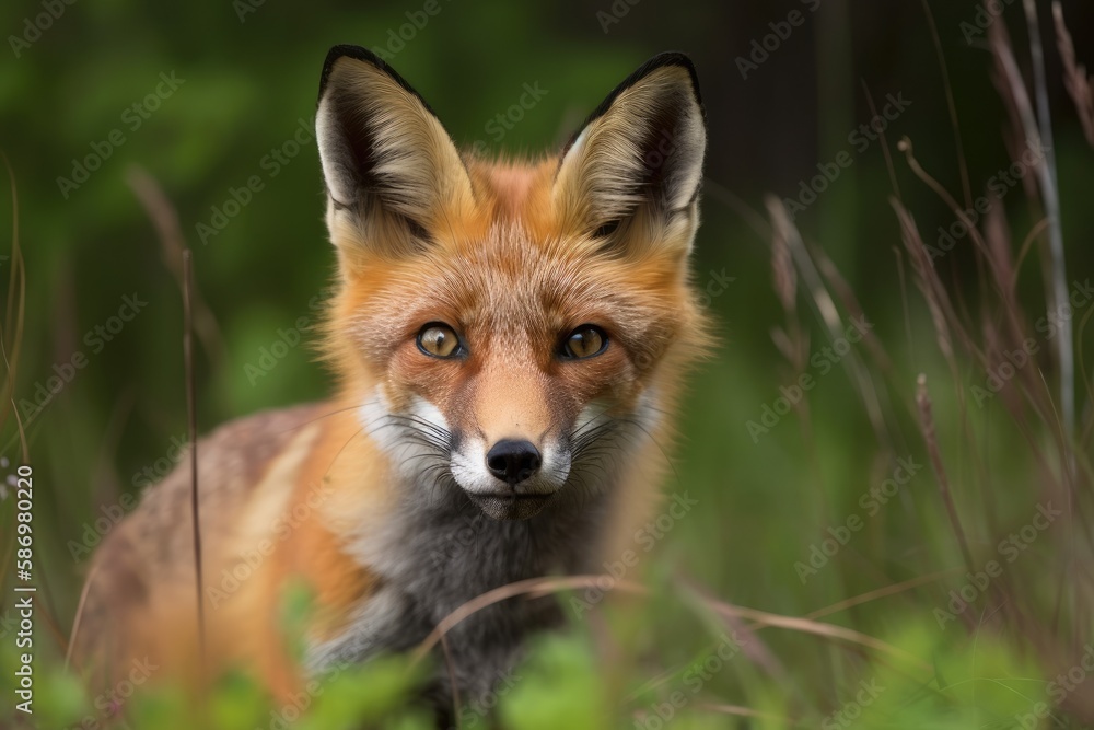 Wild red fox vulpes observed in the wild in northern Canada during the spring and summer months, with dirt around the wild animal smelling the ground. Generative AI Wild red fox vulpes observed in the wild in northern Canada during the spring and summer months, with dirt around the wild animal smelling the ground. Generative AI