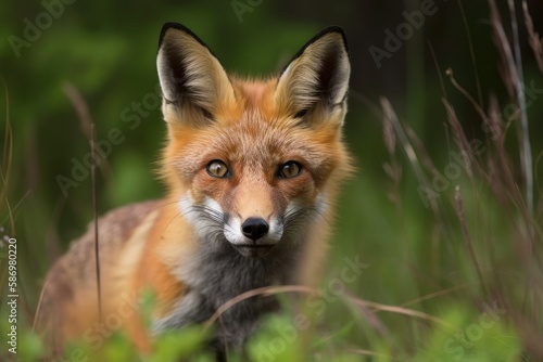 Wild red fox vulpes observed in the wild in northern Canada during the spring and summer months, with dirt around the wild animal smelling the ground. Generative AI