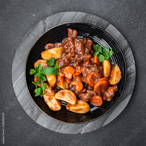 beef bourguignon meat dish with vegetables ready to eat healthy meal food snack on the table copy space food background rustic top view