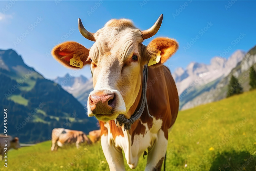 Well-groomed cow graze in alpine meadow against the backdrop of a magnificent mountain landscape. Organic farming. Created with Generative AI technology. Well-groomed cow graze in alpine meadow against the backdrop of a magnificent mountain landscape. Organic farming. Created with Generative AI technology.