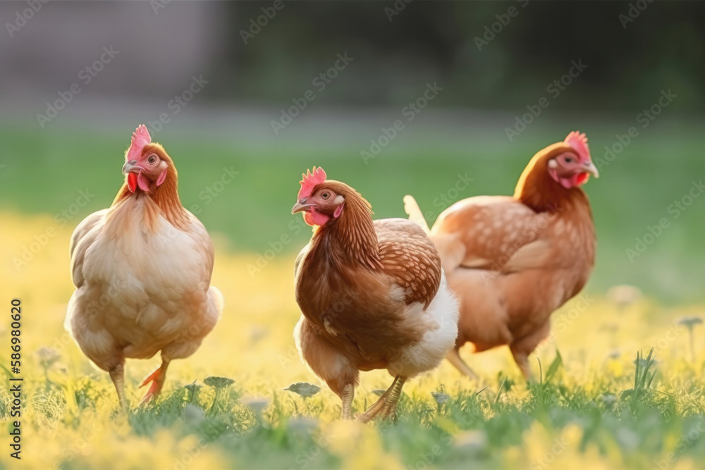 Fototapeta premium Rural farming. Beautiful healthy chickens on a green lawn. Created with Generative AI technology.