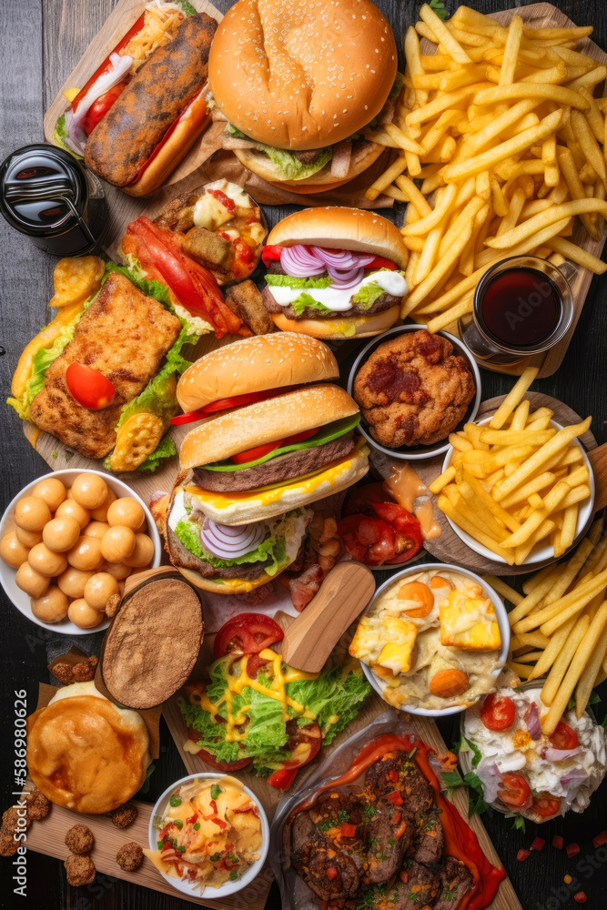 Table full of fast food: hamburgers, fries, cheese balls, burgers, and more. View from above, vertical. Created with Generative AI technology. Table full of fast food: hamburgers, fries, cheese balls, burgers, and more. View from above, vertical. Created with Generative AI technology.