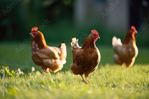 Rural farming. Beautiful healthy chickens on a green lawn. Created with Generative AI technology. © Yuliia