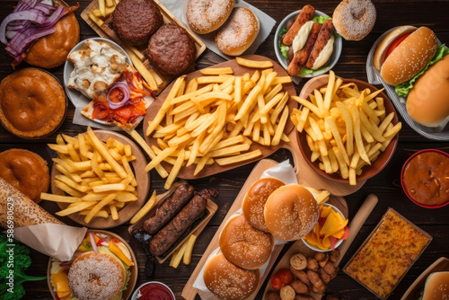 Table full of fast food: hamburgers, fries, cheese balls, burgers, and more. View from above. Created with Generative AI technology.