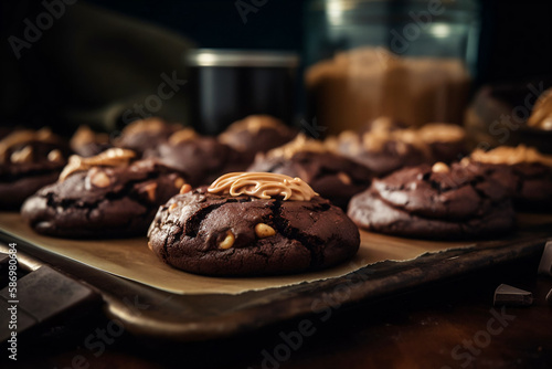  Chocolate brownie cookies with peanut butter filling. Food style photo. Generative AI.