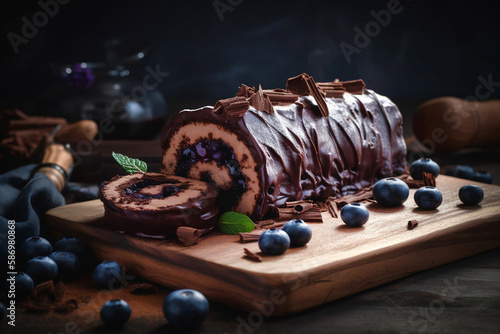 Chocolate roulade with cream filling and fruit. Menu illustration. Generative AI.