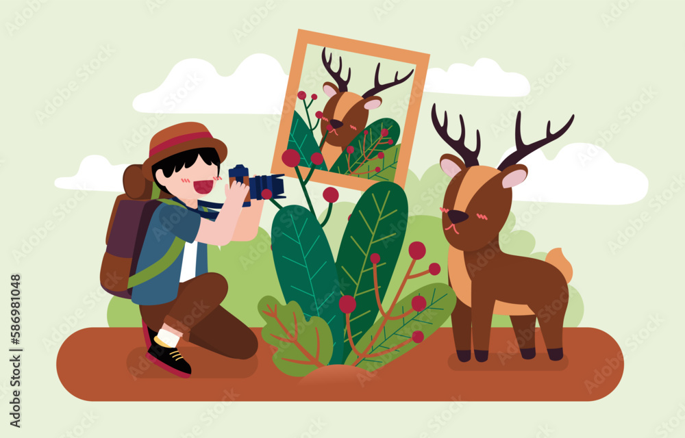 Wild Animal Photographer man use camera shooting dear in forest, cartoon character Wild Animal Photographer man use camera shooting dear in forest, cartoon character