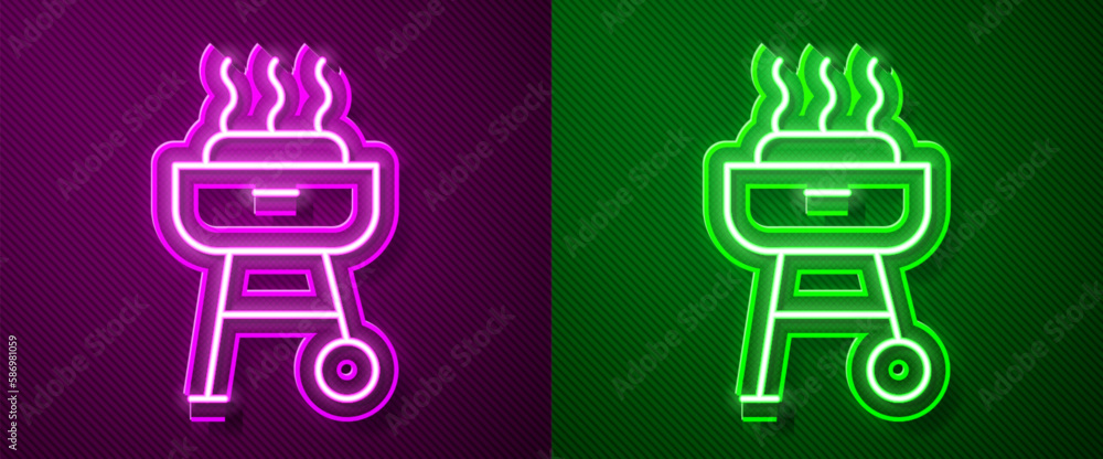 Glowing neon line Barbecue grill icon isolated on purple and green background. BBQ grill party. Vector Glowing neon line Barbecue grill icon isolated on purple and green background. BBQ grill party. Vector