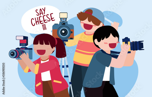 Group of young photographer man and woman use camera with gear and tripod to taking a photo in cartoon character