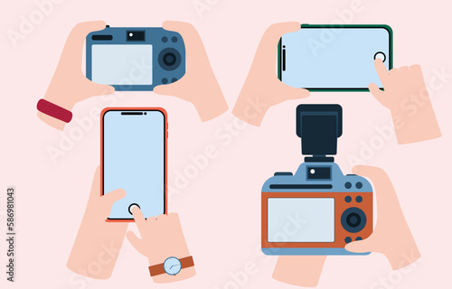 set of digital camara and smarphone take a picture