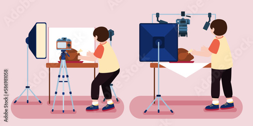 photographer man taking picture of food still life in photo studio. Advertising photographer at work.