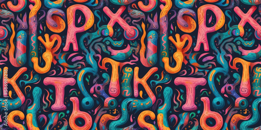 Psychedelic Design Art Colorful Seamless Background with Weird Symbols. Generative AI