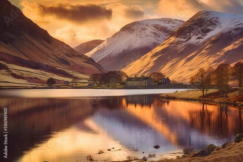 Enchanting Winter Sunset Over Vast Landscape of Lake District, Cumbria, England: Generative AI