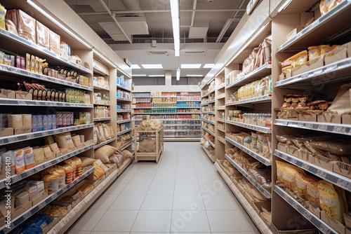 Exploring the Grocery Aisles: Supermarket Interior with Shelves Full of Variety. Generative AI