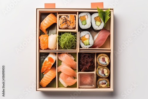 Fresh Japanese Rice Meal on a Wooden Table: Delicious Sushi Box Filled with Nigiri, Sashimi, Tuna, Hossomaki and Uramaki, Generative AI photo