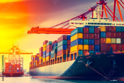 Logistics sea port concept. Big cargo ship with containers. Generative AI.
