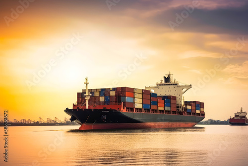 Huge container ship for transportation. Big cargo ship with containers. Generative AI.