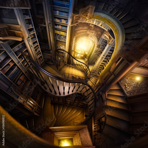 Interior of historical big bookshelf with stairs. Wooden stairs in library. Generative AI.