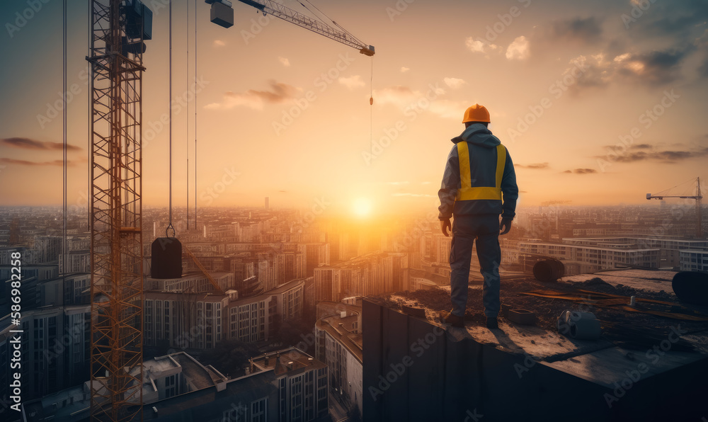 Construction worker standing on a constructive work background. Engineer on sunset concept. Generative AI.