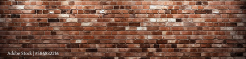 Brickwall texture. Extra wide format. light colored reddish bricks. Top lighted. Generative AI.