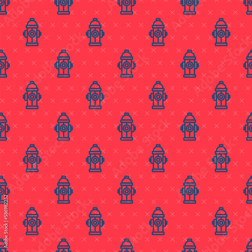 Blue line Fire hydrant icon isolated seamless pattern on red background. Vector