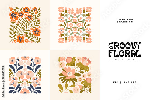 Floral abstract elements. Botanical groovy composition. Modern trendy Matisse minimal style. Floral poster, invite. Vector arrangements for greeting card or invitation design photo